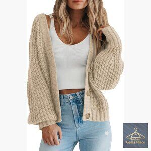 Chunky Knit Open Front Cardigan Sweater Long Sleeve Button Loose Outerwear